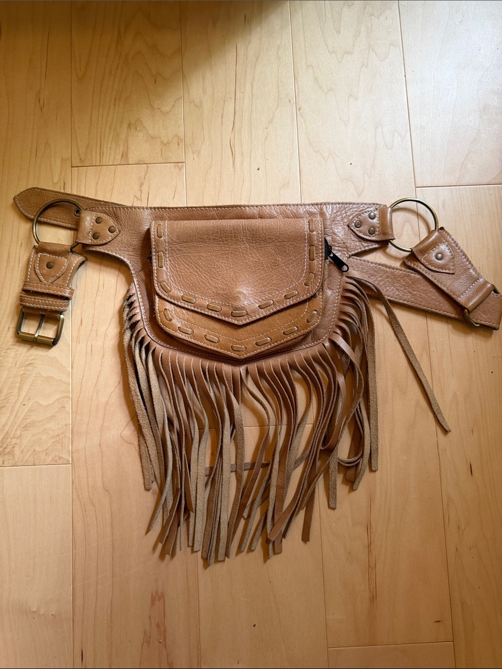 Fringe Leather Hip Belt Bag in Tan